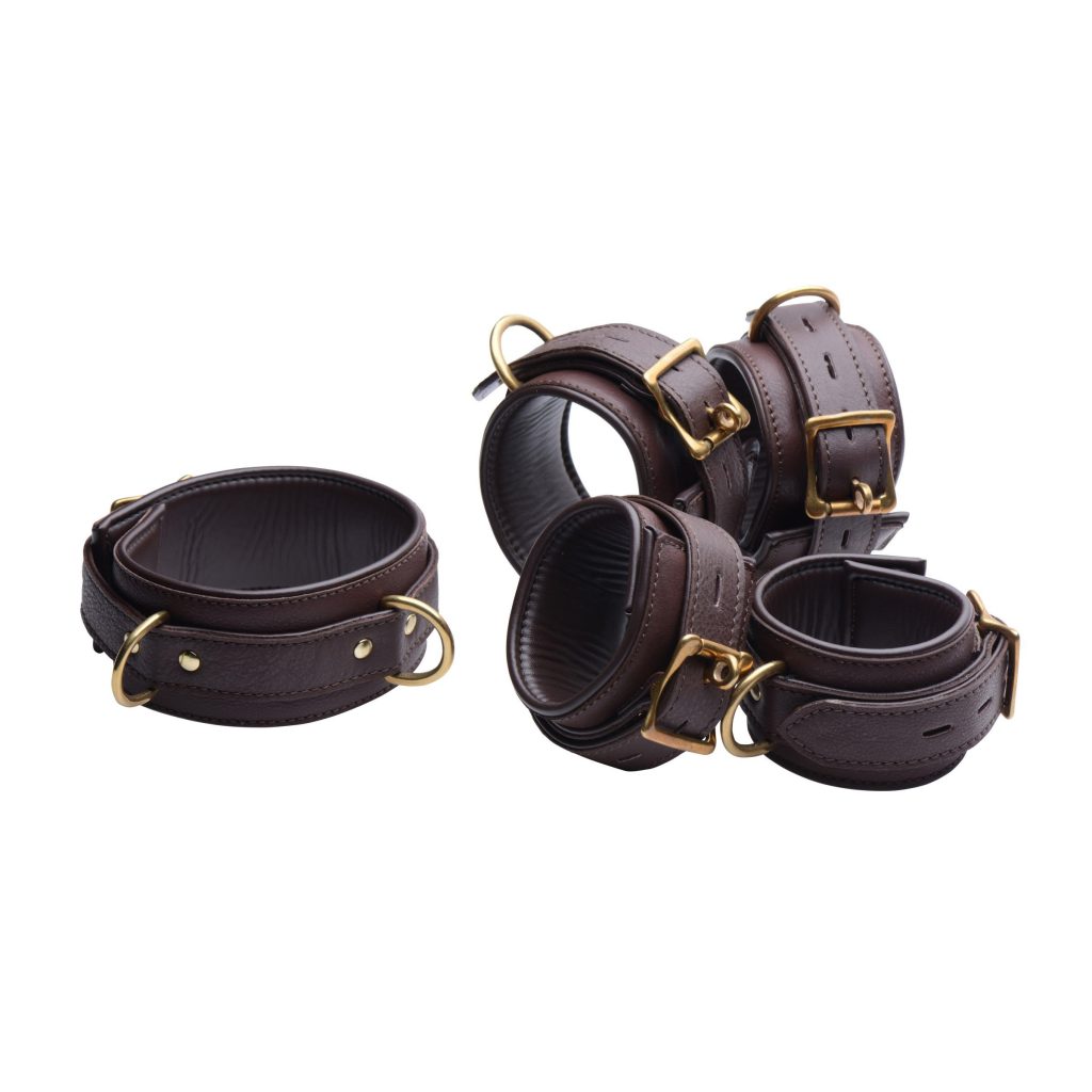 Brown 5 Piece Locking Leather Bondage Set